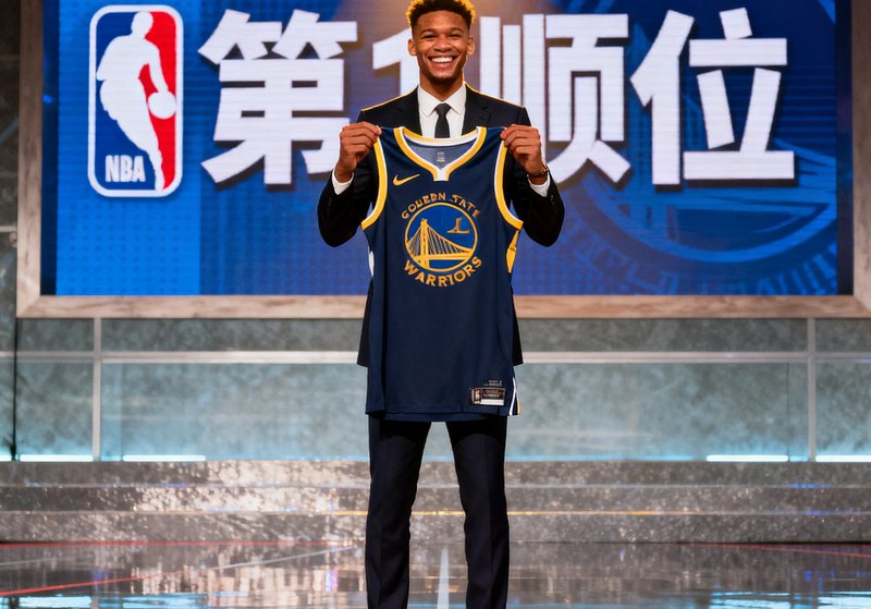NBA选秀大会舞台上，新科状元秀身穿西装高举印有球队logo的球衣，脸上洋溢笑容，背景大屏幕显示选秀顺位信息